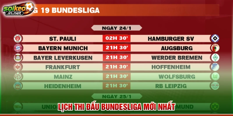 Lịch thi đấu Bundesliga mới nhất